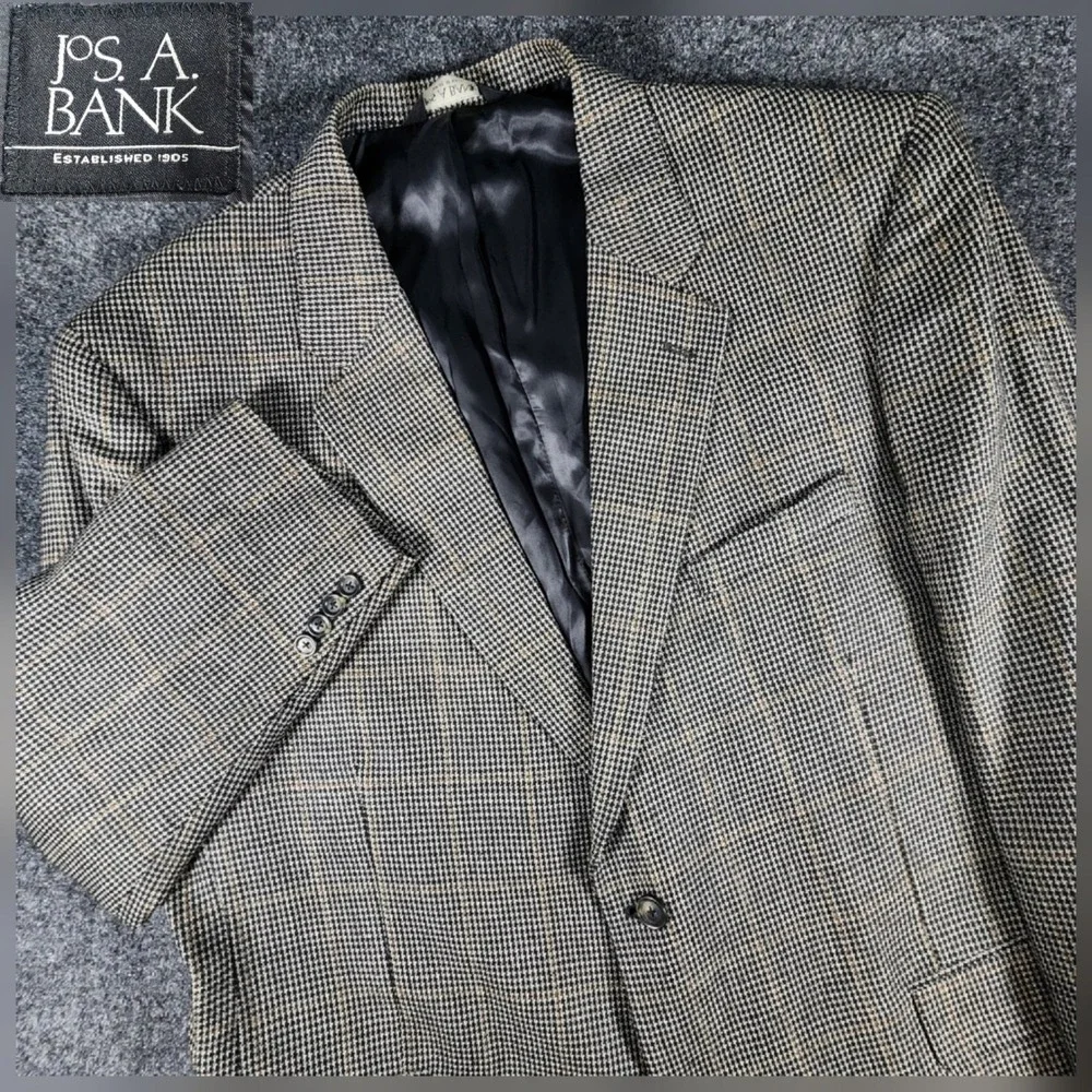 Jos. A. Bank Sport Coat Mens 48R Brown Silk Wool Houndstooth Windowpane Blazer